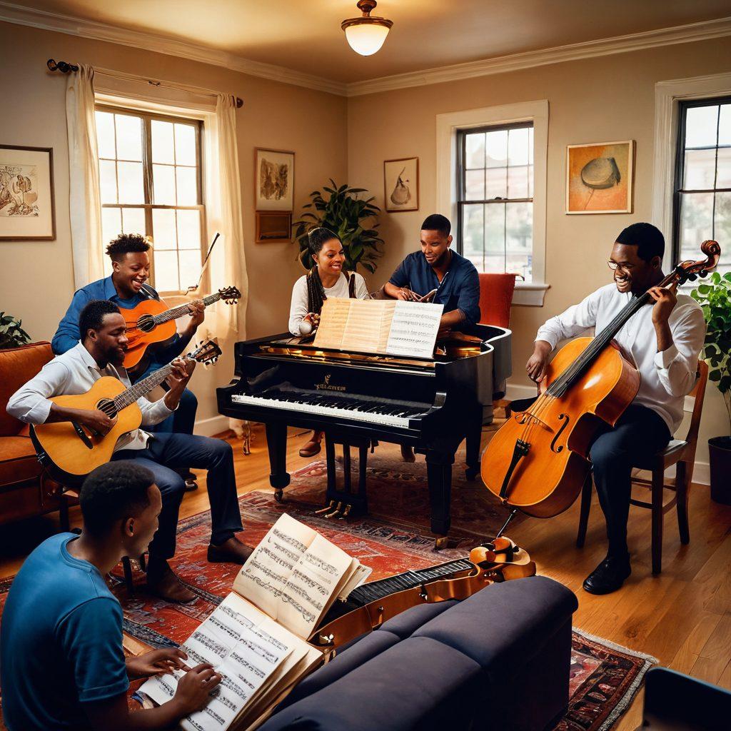 A vibrant scene depicting a diverse group of musicians collaborating in a cozy, inviting space full of musical instruments and sheet music. Include joyful faces, visual notes swirling around them, and musical symbols representing harmony and creativity. Soft lighting to create a warm atmosphere signifies growth and community spirit. super-realistic. vibrant colors. warm lighting.