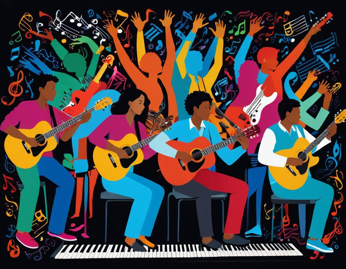 A vibrant scene of a diverse group of people immersed in music-making, surrounded by instruments like guitars, keyboards, and drums. Include colorful musical notes swirling around them, symbolizing creativity and expression. In the background, visually represent various musical genres such as classical, jazz, and electronic through different colors and textures. Capture a sense of joy and collaboration. super-realistic. vibrant colors.